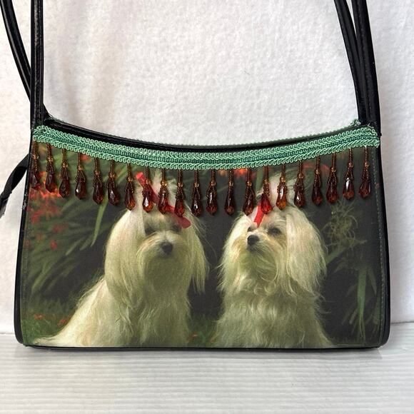 Christmas, Festive Maltese Dog Gold Tassel Beads Tote, Shoulder & Hand Bag - Picture 2 of 9